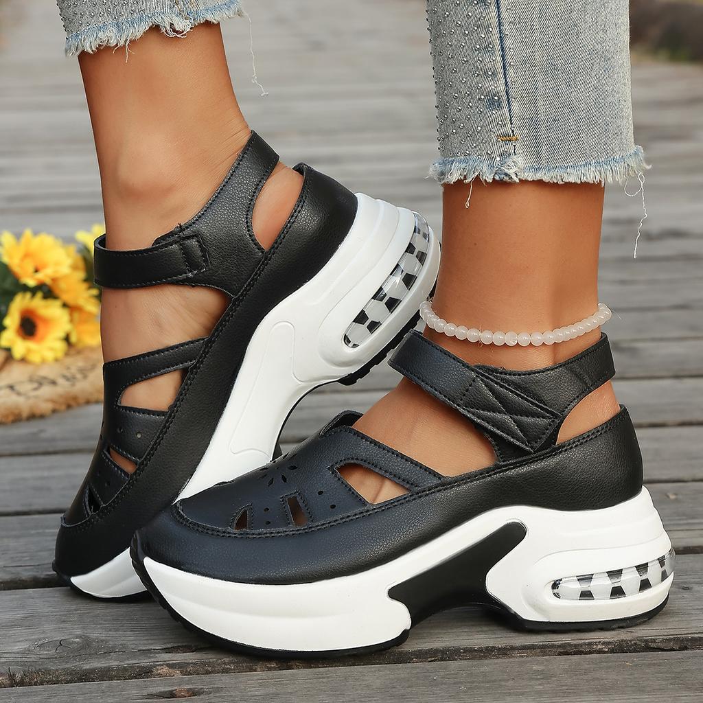 Sandały Damskie Letnie Wycinane Sandały na Koturnie Gruba Podeszwa Buty w Stylu Rzymskim Codzienne Skórzane Buty z Okrągłym Noskiem dla Kobiet