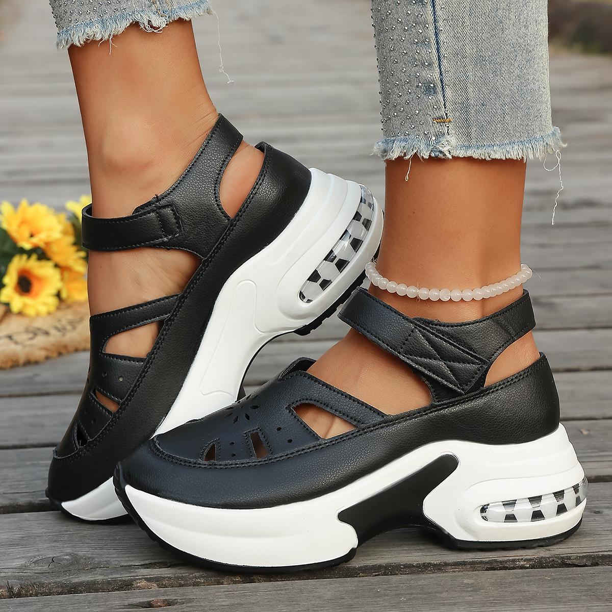 

Women Sandals Summer Hollow Out Wedge Heel Sandals Thick Bottom Roman Style Shoes Casual Leather Round Toe Shoes for Women 36 чорний