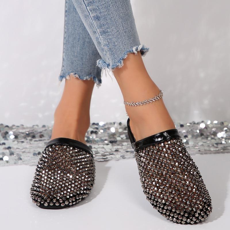 Fashion 2025 Summer Women's Rhinestone Openwork Slippers Breathable Mesh Flat Sandals Covered Toe Casual Slip-On New Design Hot Sale