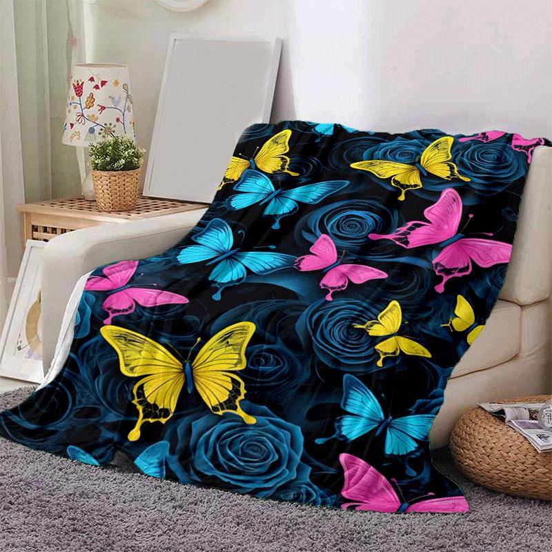 

1pc Color Butterfly Printing Lightweight Flannel Blanket, Comfortable and Warm Blanket, for Camping Sofa Bed and Couch Office, in All Seasons 130cmx150cm