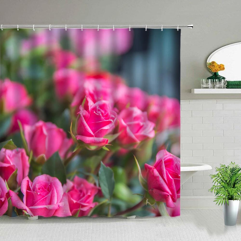 Flowers Shower Curtains Tulip Sunflower Rose Floral Plant Bathroom Scenery Bathroom Decor Polyester Fabric Bathtub Curtain Set