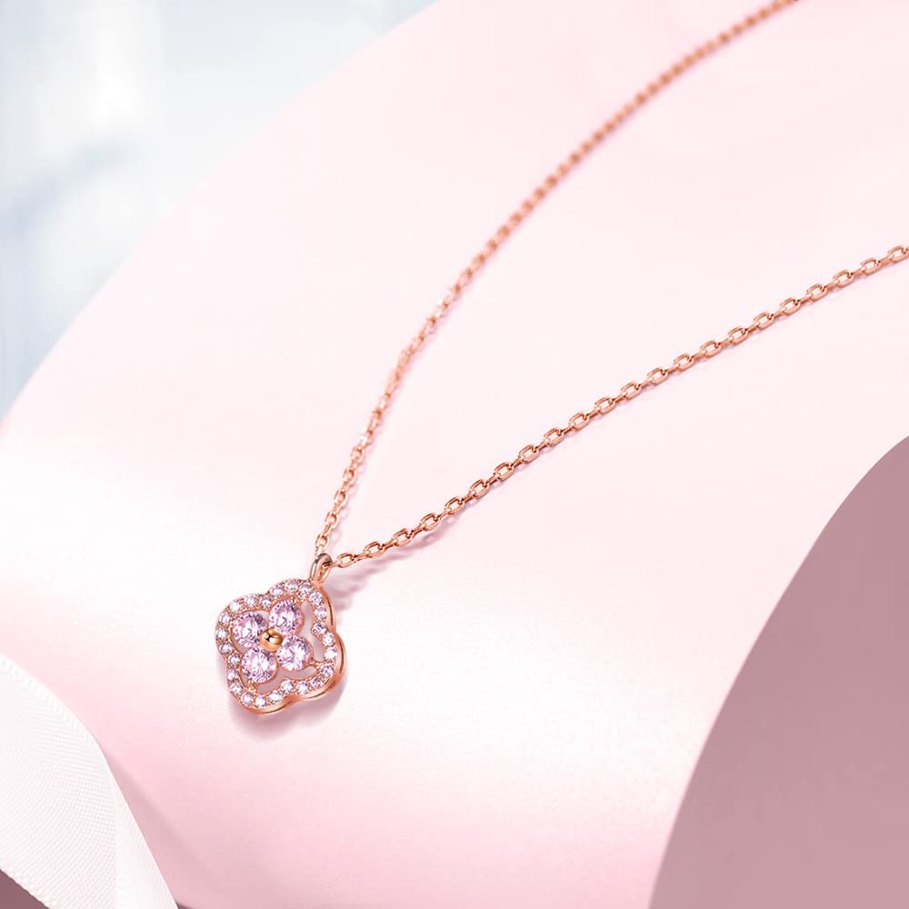 Clover Necklace for Symbol of Good 925 Pink Zirconia Birthday White Present [Free Bird] Four-leaf Women, Luck, Silver, Hypoallergenic, Pendant,