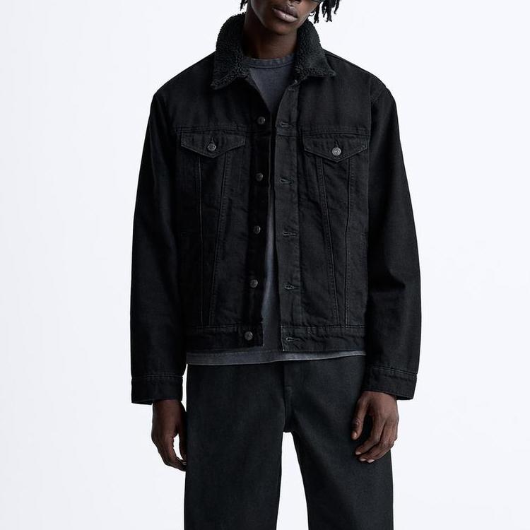 Zara Solid Color Lapel Single-Breasted Fleece Long Sleeve Denim Jacket Men jackets Black 1538323-800