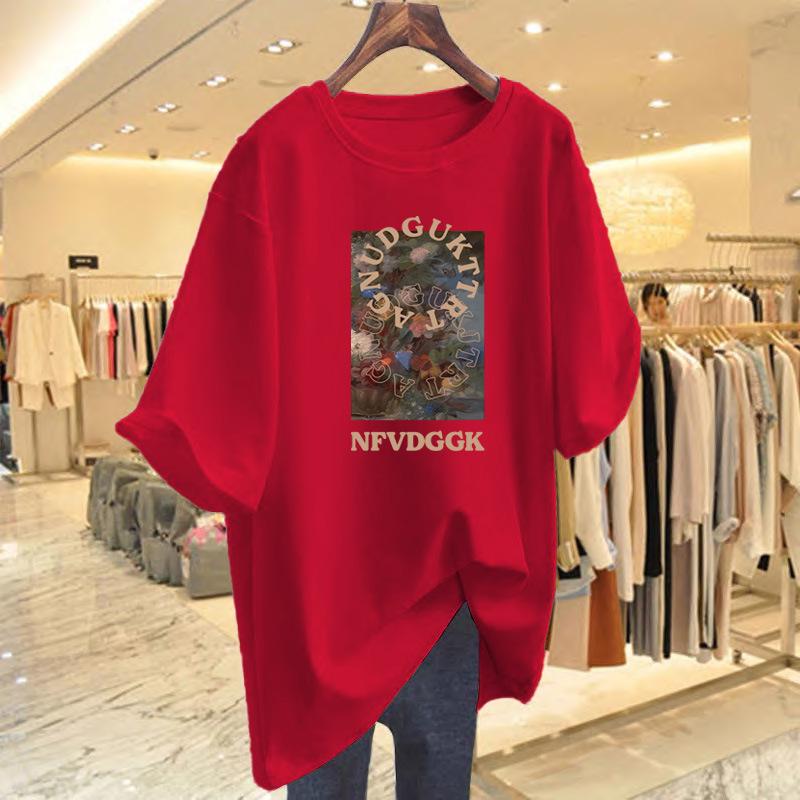 New Women's Summer White Cotton Printed Loose Round Neck Short Sleeve T-Shirt