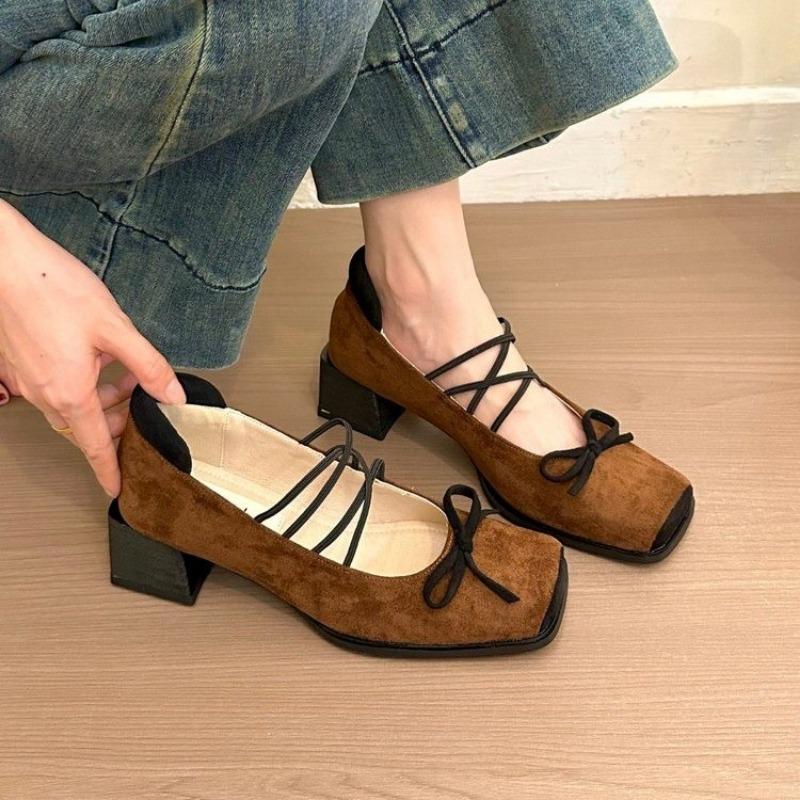 Fashion Autumn New Coarse Heel Single Shoes Women's Square Head Shallow Mouth Suede Butterfly Knot Soft Sole Non-slip Low Top Shoes