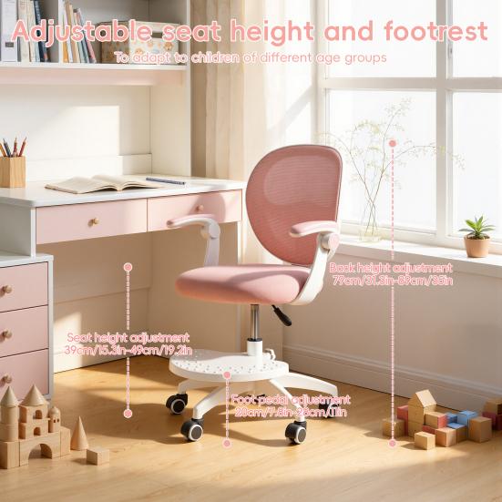 Silla Ergonómica de Estudio para Niños con Reposapiés Ajustable y Reposabrazos abatibles, Malla para Ordenador Infantil Oficina, Giratoria 360 grados para Habitación de Casa Dormitorio Sala de Estudio