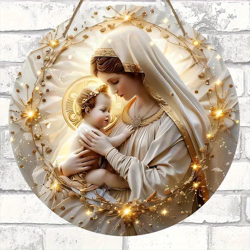 Virgin Mary & Jesus Wooden Sign, Round Front Door Decor, Golden Halo Religious Wall Hanging - Ideal for Christian Home & Church Decor