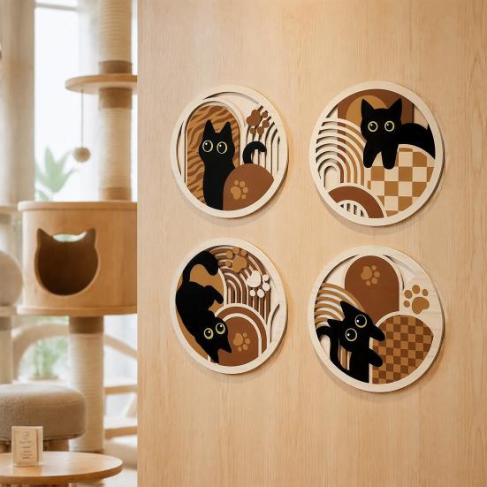 Creative Home Wall Embellishments 4Pcs Wooden Cat Decor, 2D Flat Geometric Hollow Art Prints Minimalist Pet Decor Art, Modern Hanging Signs for Living