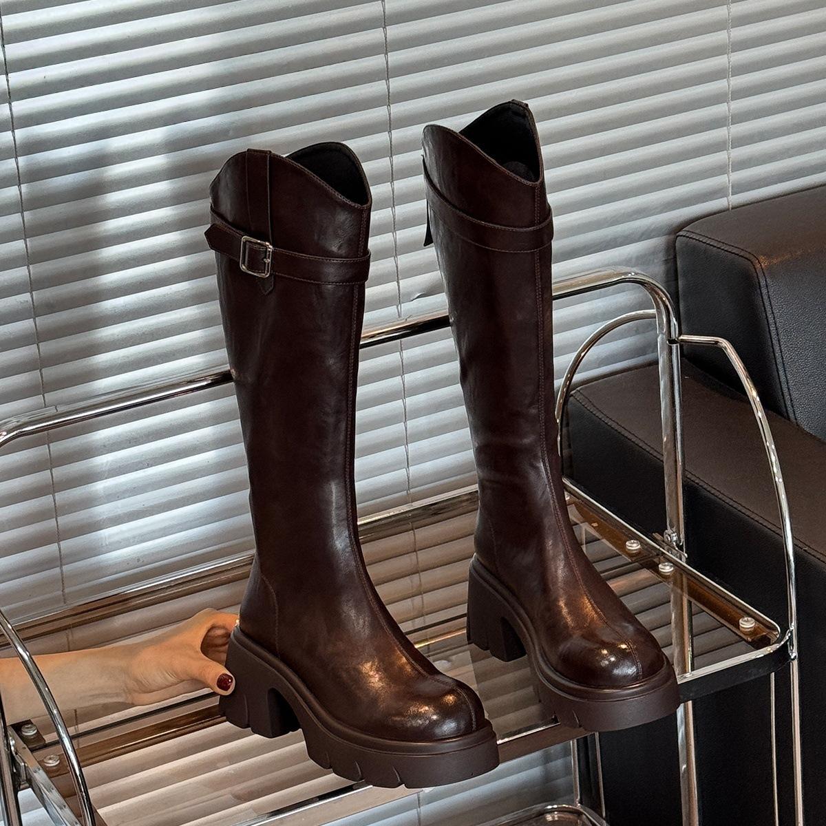 

Women s boots 2026 autumn new long tube boots below knee thick soled and height increasing fashion boots 40 коричневий