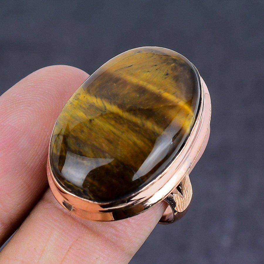 Natural Tiger Eye Gemstone Handmade Copper Jewelry Ring Size 8.5 H5g47
