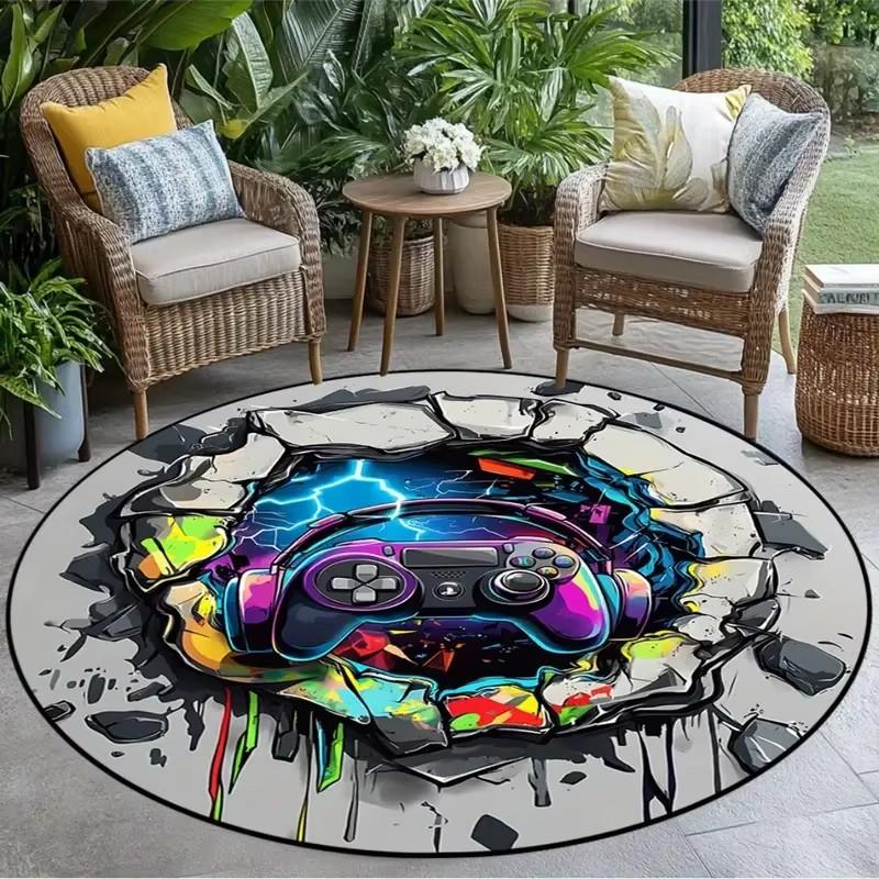 Gaming for Boys Room Gamer Casual Round Carpet with Controller Design Rug for Game Room Bedroom Decor Non-slip Floor Mat