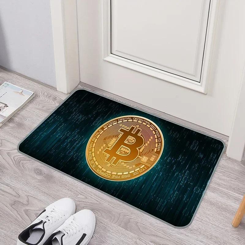 Crypto Currency Door Mat Bitcoin Pattern Tech Inspired Rug, Waterproof Non Slip Floor Protector for Home Entryway and Office