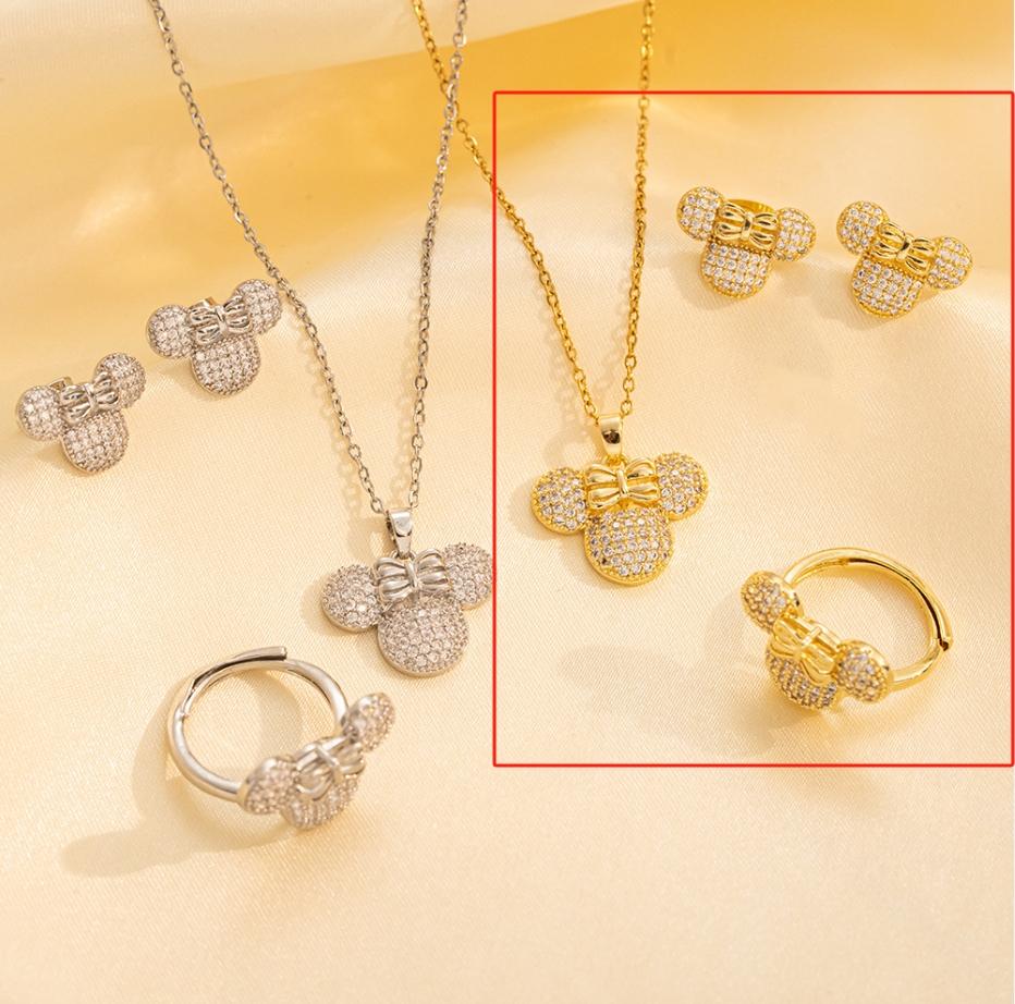 Cartoon Bow Mouse Studded With Zircon Necklace Earring Ring Set for Women Girl Stainless Steel Chain Sweet Gift for Friends Kids