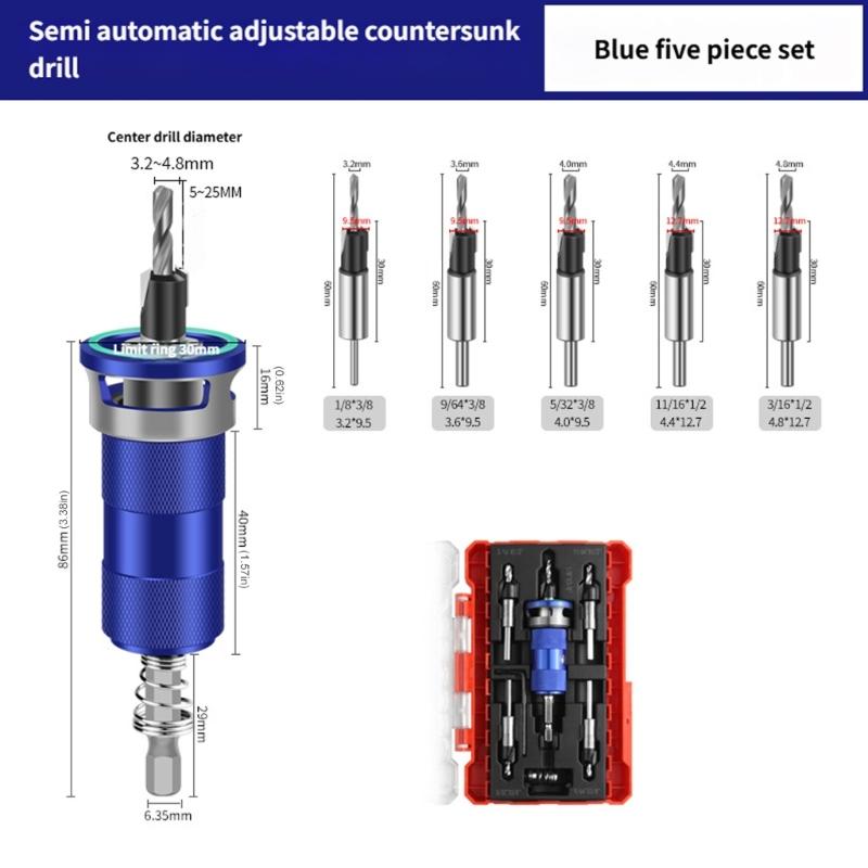 Set di punte per svasatura semi-automatiche, punzone per fori, punta per svasatura profonda regolabile, punta per svasatura per legno