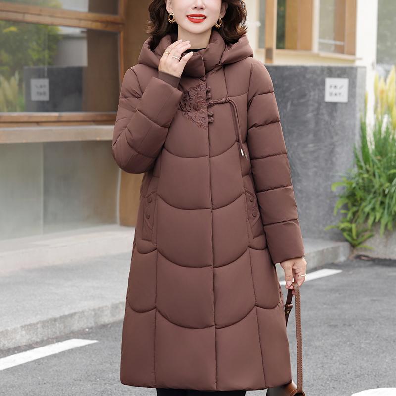 Plus Size XL-6XL Middle Age Women Winter Long Coats Hooded Elegant Thick Warm Embroidery Parkas Female Jackets