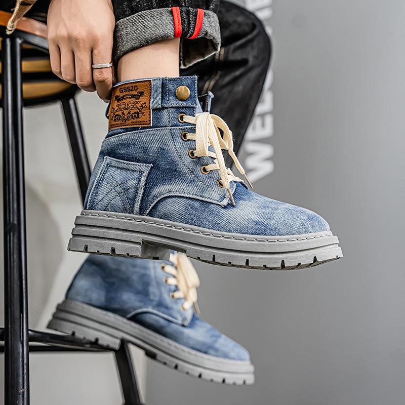 Retro Denim Canvas Boots for Men Trendy High Top Boots Outdoor Street Men's Ankle Boots Platform Working Shoes Botas Masculino