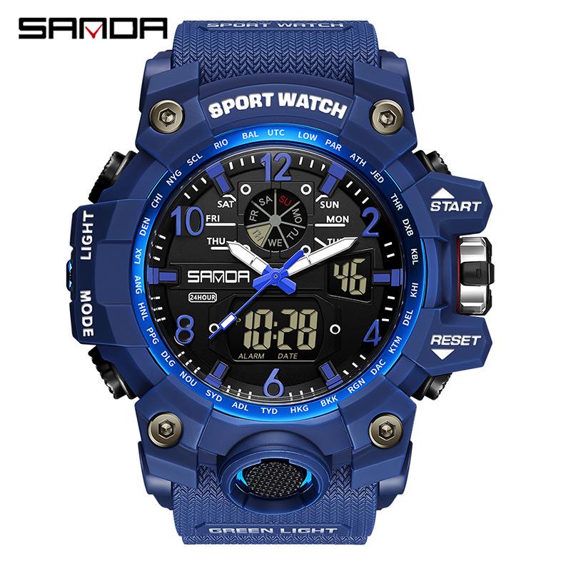 SANDA Women's Trendy LED Dual Display Waterproof Watch with Hourly Chime