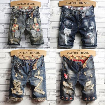 Men Loose Recreational Break Hole Decorative Pattern Bull-Puncher Knickers Jeans Denim Pants Summer  Men Casual Shorts