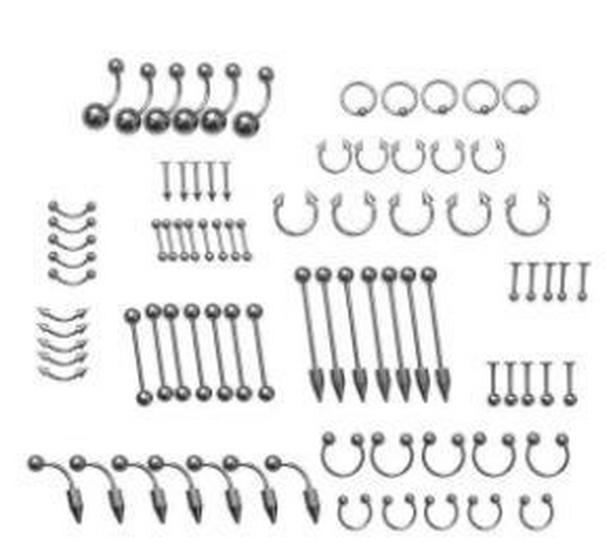 

Набор украшений для пирсинга из нержавеющей стали, 85 предметов: Серьги для носа, ушей, языка, бровей 10 pieces/pack