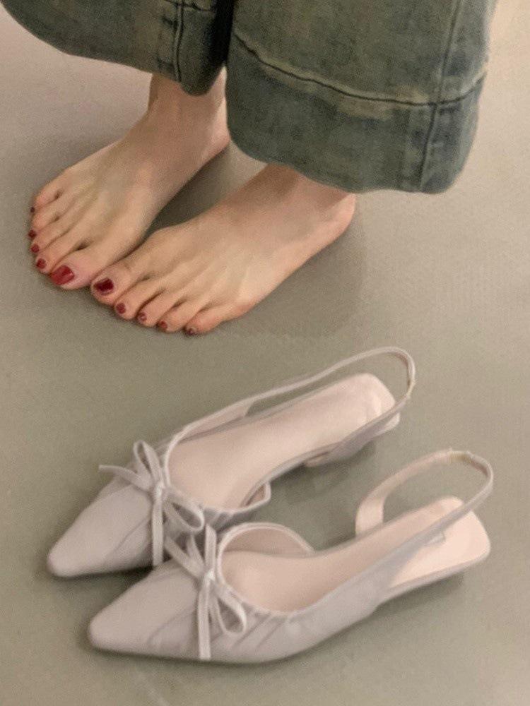 French Evening Breeze Gentle Folds Pointed Toe Bag Head Sandals Women's Spring and Summer Outer Wear Empty Flat Heel