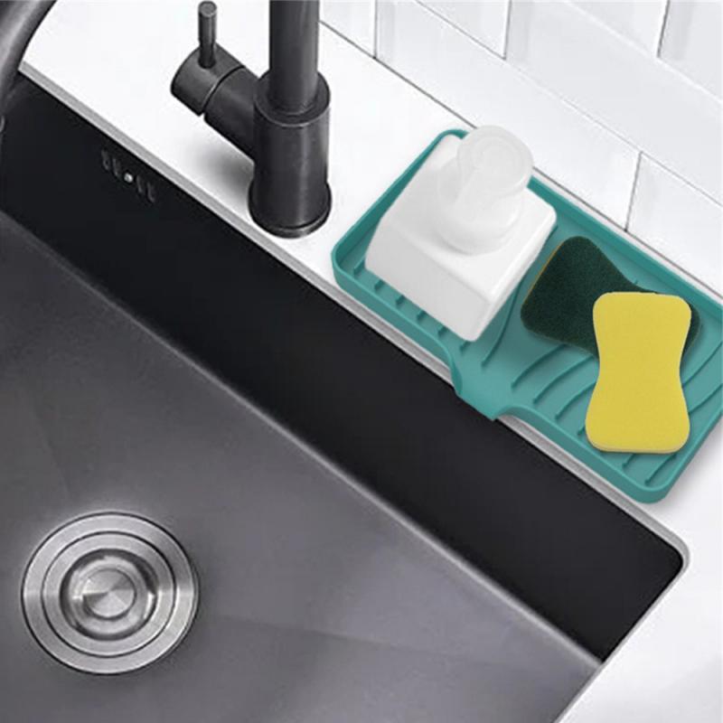 Self Draining Soap Bar Holder Silicone Kitchen Sink Soap Dish Sponge Tray Counter Caddy Organizer for Dish Soap Dispenser