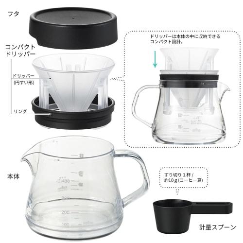 Akebono Sangyo Strong 400 Coffee Server, Compact Dripper Set, Black, 3-Cup Capacity, Made in Japan, Made of Lightweight and Shatter-Resistant Tritan R