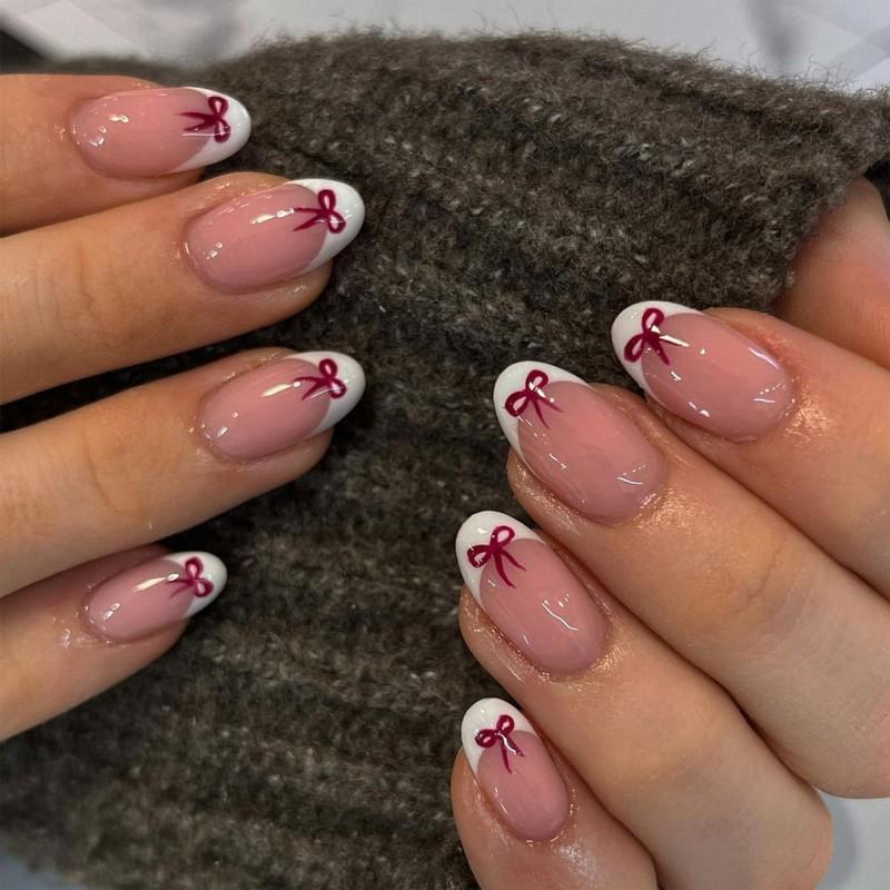 New Minimalist French White Border Nail Art Valentine s Day Wearing Red Bow Reusable Piece