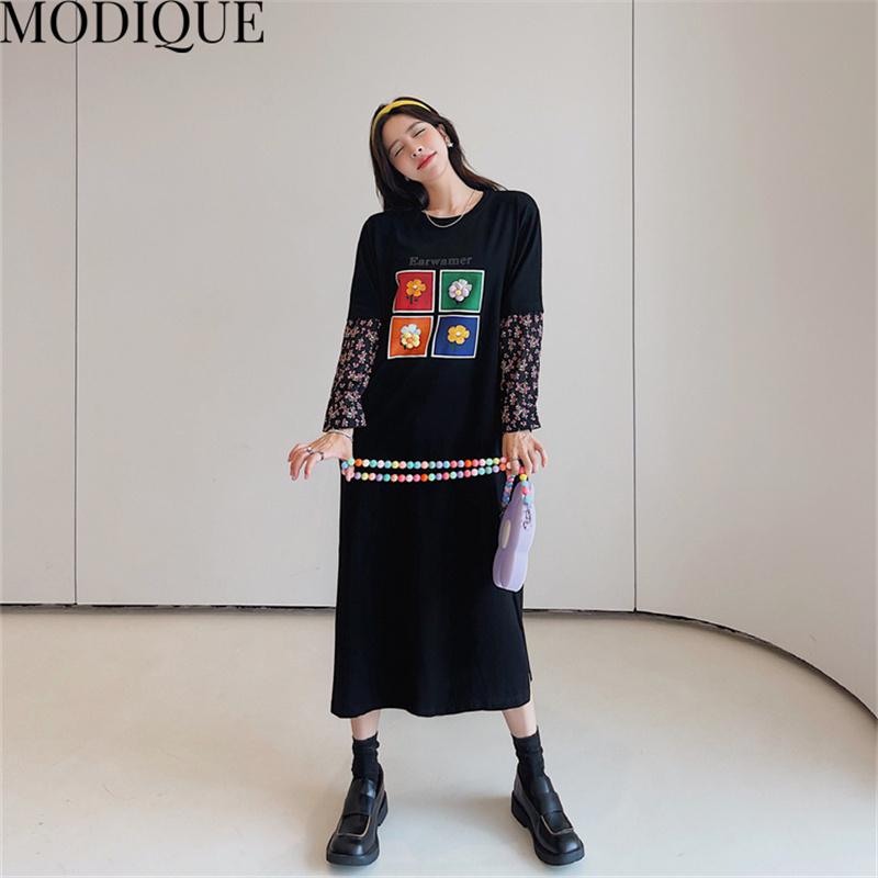 MODIQUE Jesień Plus Size Nowe Długie Sukienki Kobiety Luźne Sukienki w Słodki Nadruk Kwiatowy Kobieta Podstawowe Casual Długi Rękaw Szyty O-Neck Spódnica