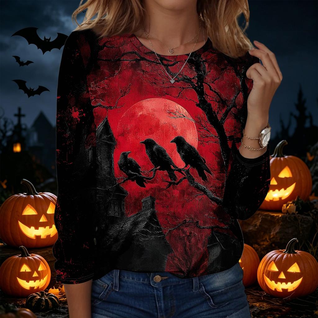 Womens Halloween Printed Pullover Sweatshirt Long Sleeve Crewneck Top Casual Lightweight Pullover Shirt for Fall and Winter
