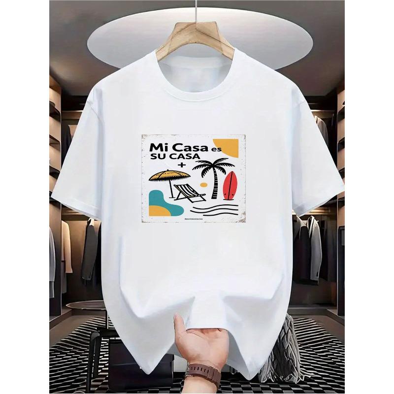 European Size Men'S Graphic Tee with Beach Vacation Elements And Mi Casa SU Print, Regular Fit
