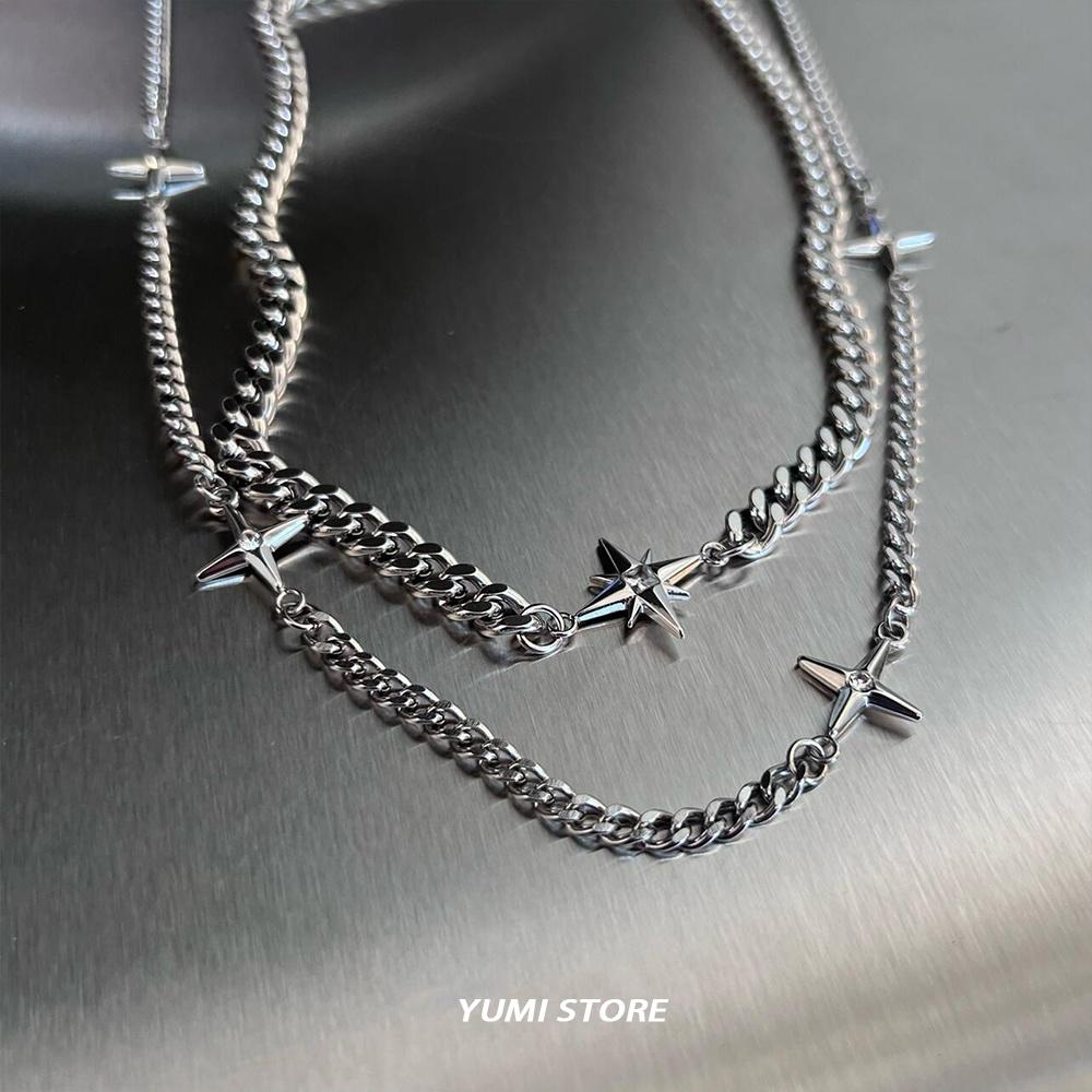 Hip Hop Double-layer Star Cross Necklace For Man Woman Titanium Steel Clavicle Chain Choker Punk Male Accessories
