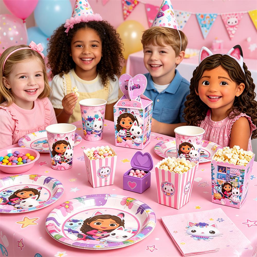 Pink Gabby House Birthday Party Decoration Banner Balloons Gabby Paper Cake Topper Plate Napkins Girl Party Decorations Supplies