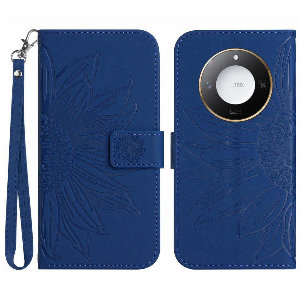 For Honor X9c Smart 5G Case Sunflower Imprint Leather Wallet Phone Cover with Wrist Strap