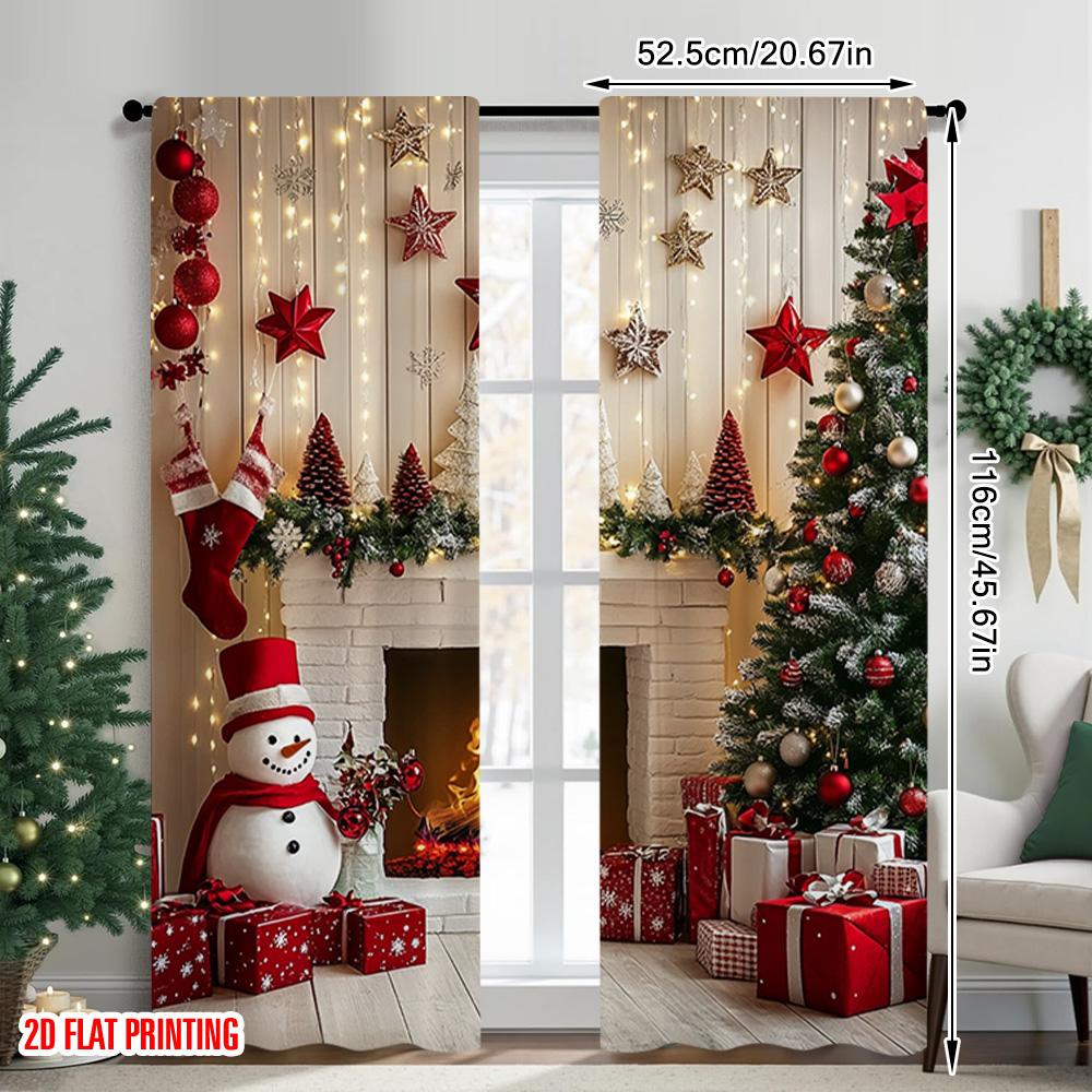 2 szt. płaskie drukowanie 2D Zasłony okienne świąteczne Bałwan kominek Poliester Można prać w pralce Bez elektryczności Świąteczny