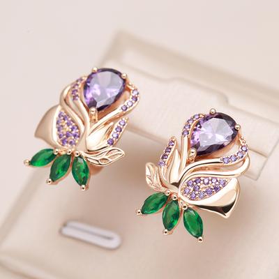 Kienl Vintage Lila Natürlicher Zirkon Blume Hängeohrring Hohe Qualität Feiner Alltagsschmuck Frauen Roségoldfarben Großer Ohrring