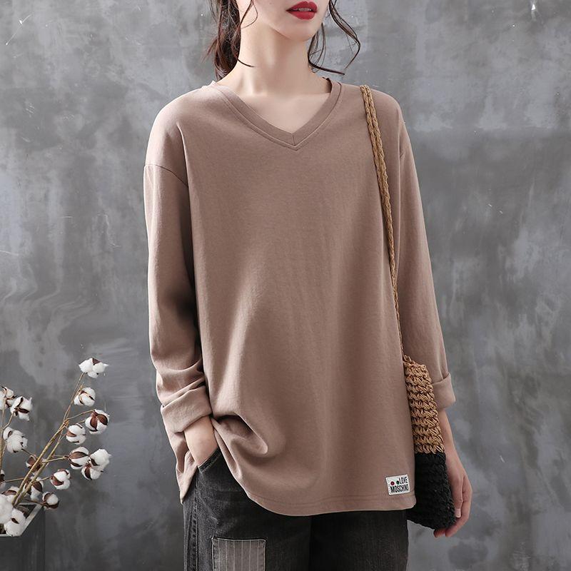 

Retro Long-sleeved V-neck Simple T-shirt Women s Autumn and Winter New Loose Versatile Casual Bottoming Shirt L хакі