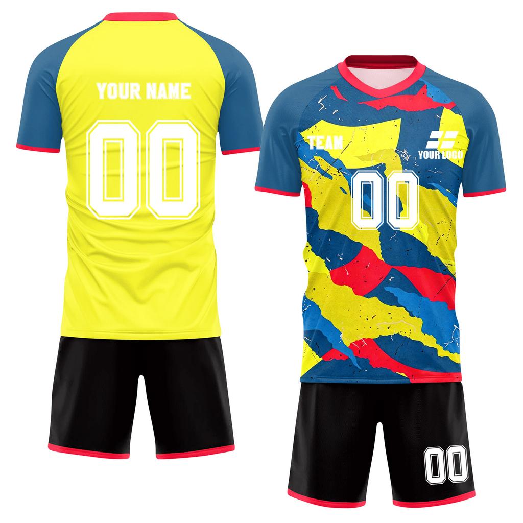 Men's Short Sleeve Two-Piece Soccer Jersey Set Lightweight Breathable Fabric Athletic Sportswear with Graphic Print and Solid Back Design