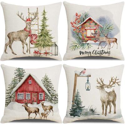 New Christmas Pillowcase Linen Retro Farm Elk Christmas Scenery Pillow Cushion Cover