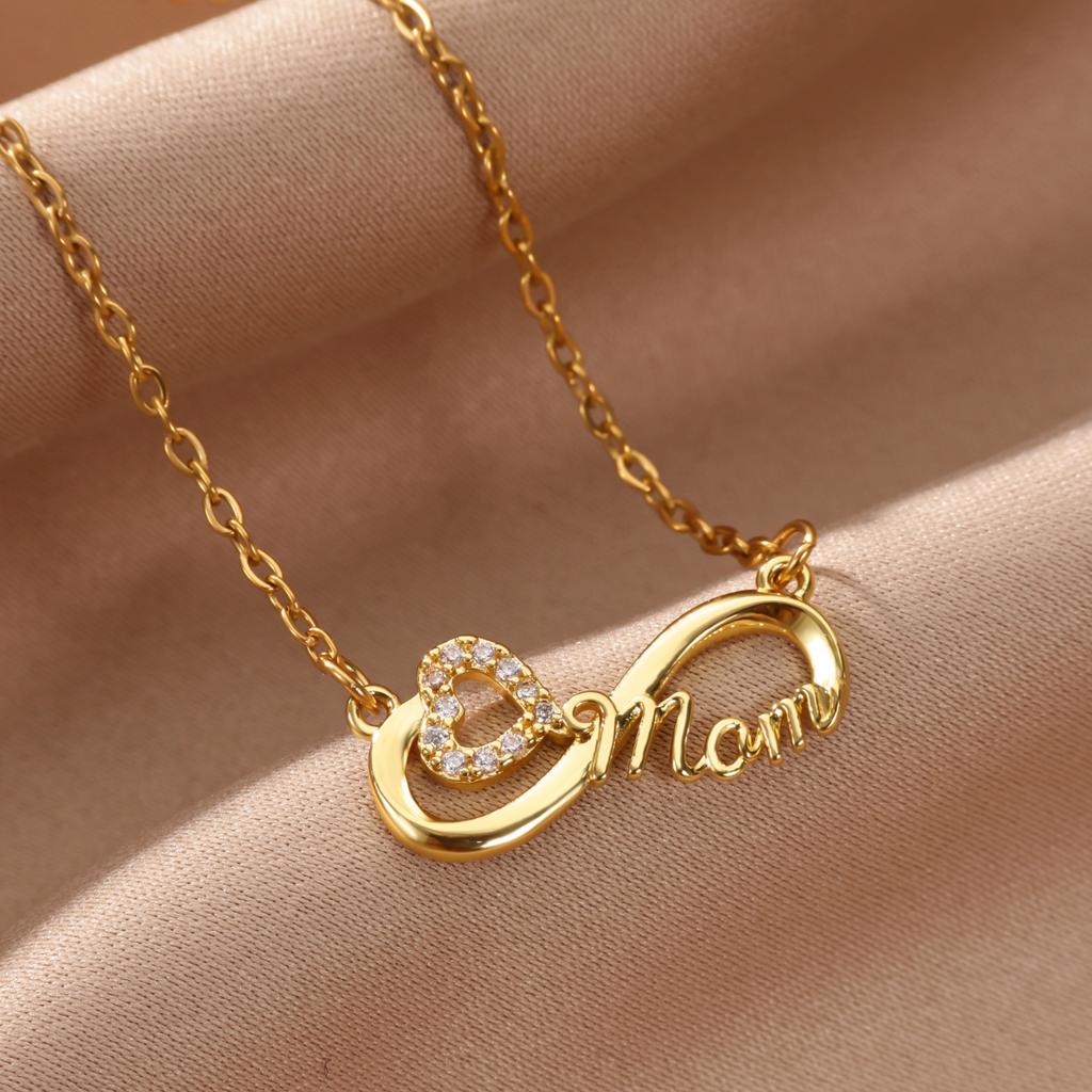 Dainty Heart Zircon & Infinite Symbol & Mom Stainless Steel Necklace for Women 18K Gold-plated Necklaces Jewelry Accessories BFF