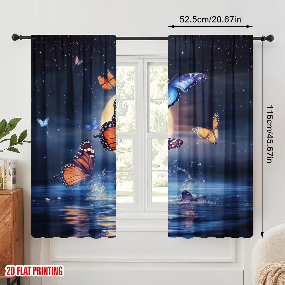 2pcs,2D Plane Printing Creative Curtains Moonlit Butterflies Versatile Durable Polyester (without Rod) All Seasons Ldeal for