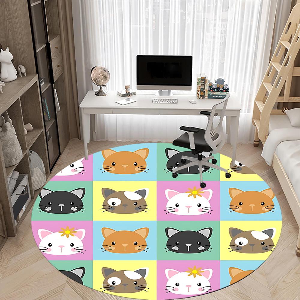 1pc Cat Faces Office Round Area Rug, Mat Suitable ForOffice, Under Office Chairs Bedroom Living Room Home Decor, Room Deco