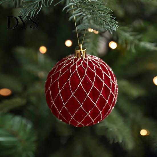 Luxury Holiday Tree Decorations Burgundy Velvet Christmas Ball Ornaments, 3.15 Inch Glitter Flocked Decorative Hanging Balls Decoration, Plastic