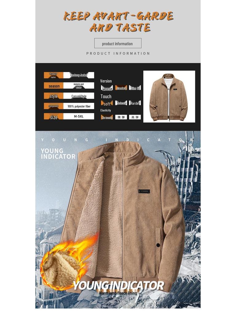 Men's Winter Corduroy Lambswool Jacket - Thick Plus Size Velvet Cotton Padded Top