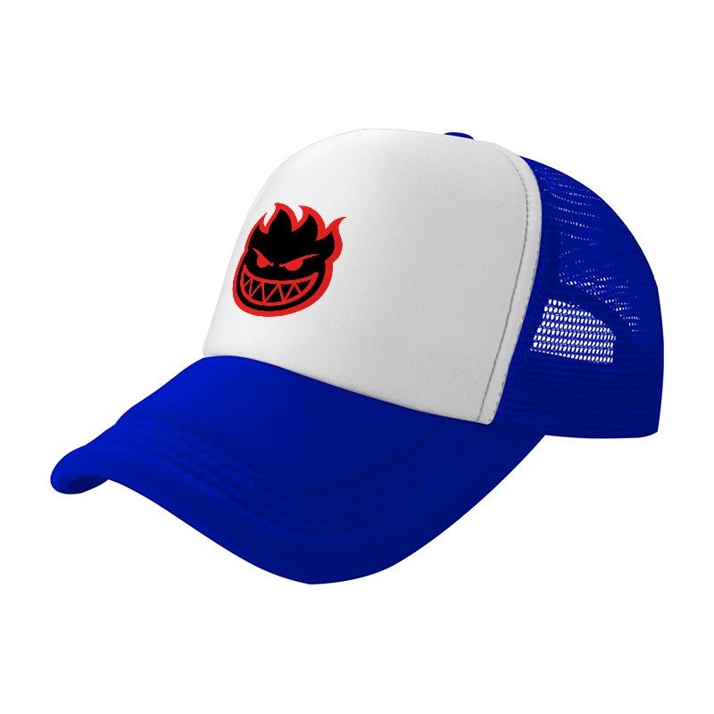 Flame Demon Logo Mesh Baseball Cap Breathable Trucker Hat White Black Design Sporty Style Outdoor Wear Adjustable Fit