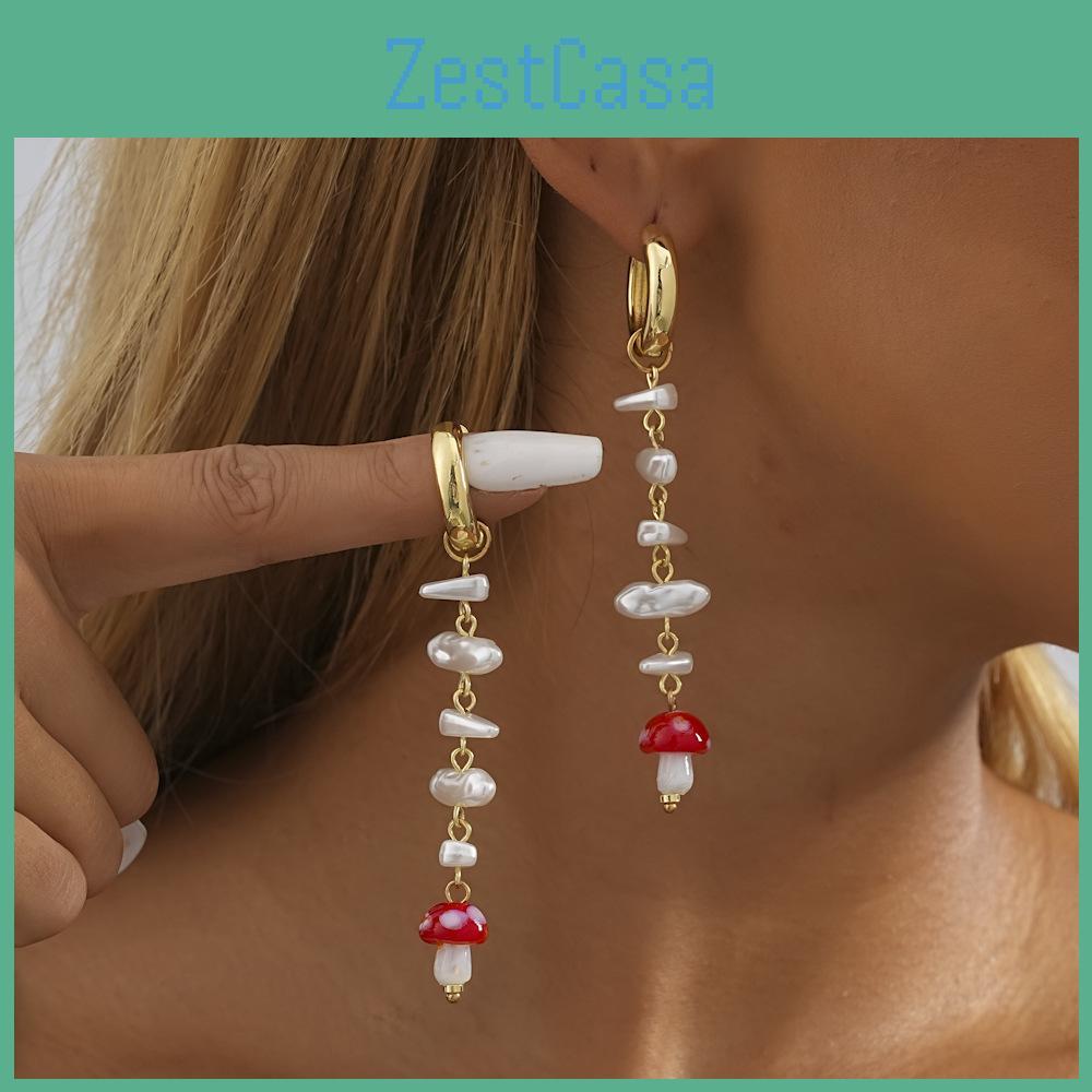 Long Tassel Earrings For Women With Geometric Faux Pearl Mushroom Design Trendy