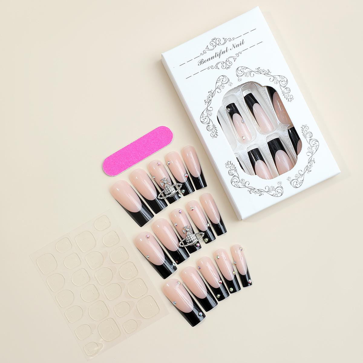 

Горячие Девушки Очень Длинные Французские Накладные Ногти с Дизайном Планеты и Острым Кончиком