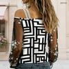 Women Plus Size Asymmetric Cold Shoulder Geometric Printed Long Sheer Floral Sleeve T Shirt