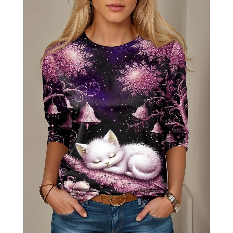 Autumn Fashion Animal Cat 3D Print Crew Neck Long Sleeve T-Shirt Casual Women Clothing Y2k Harajuku Female Clothing Plus Size Tops