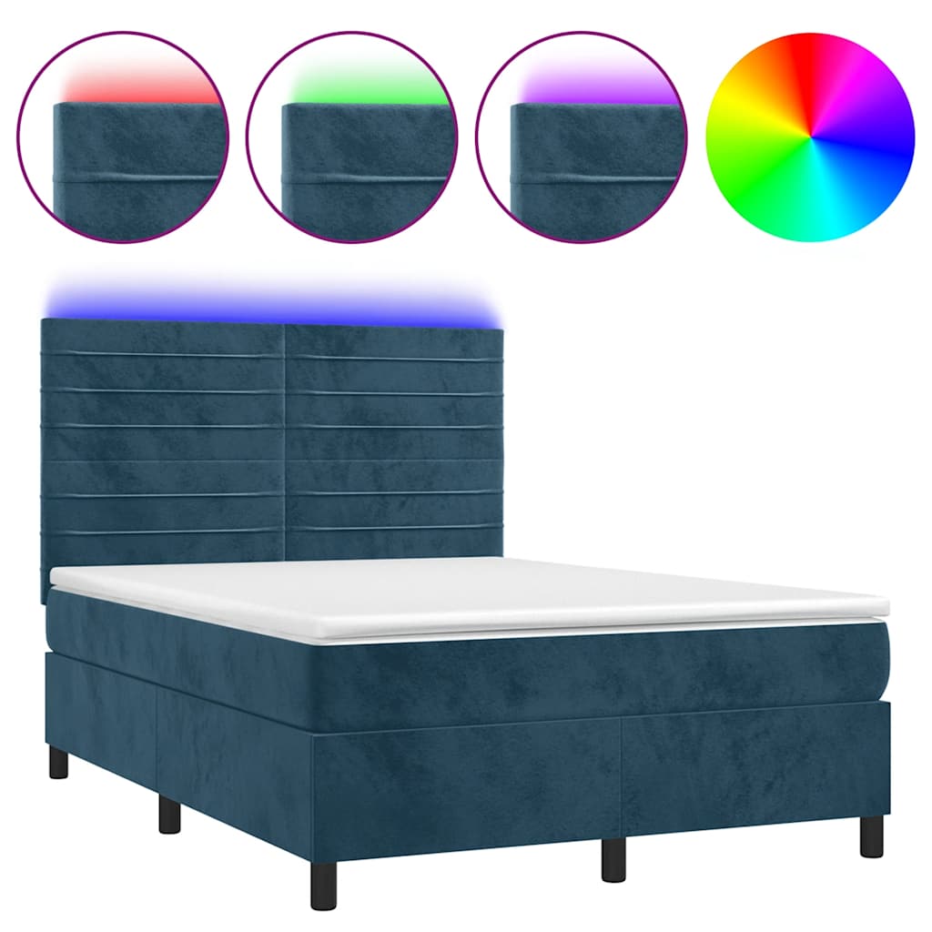 Box Spring Bed with Mattress & LED Lighting Dark Blue 140x200 cm Velvet