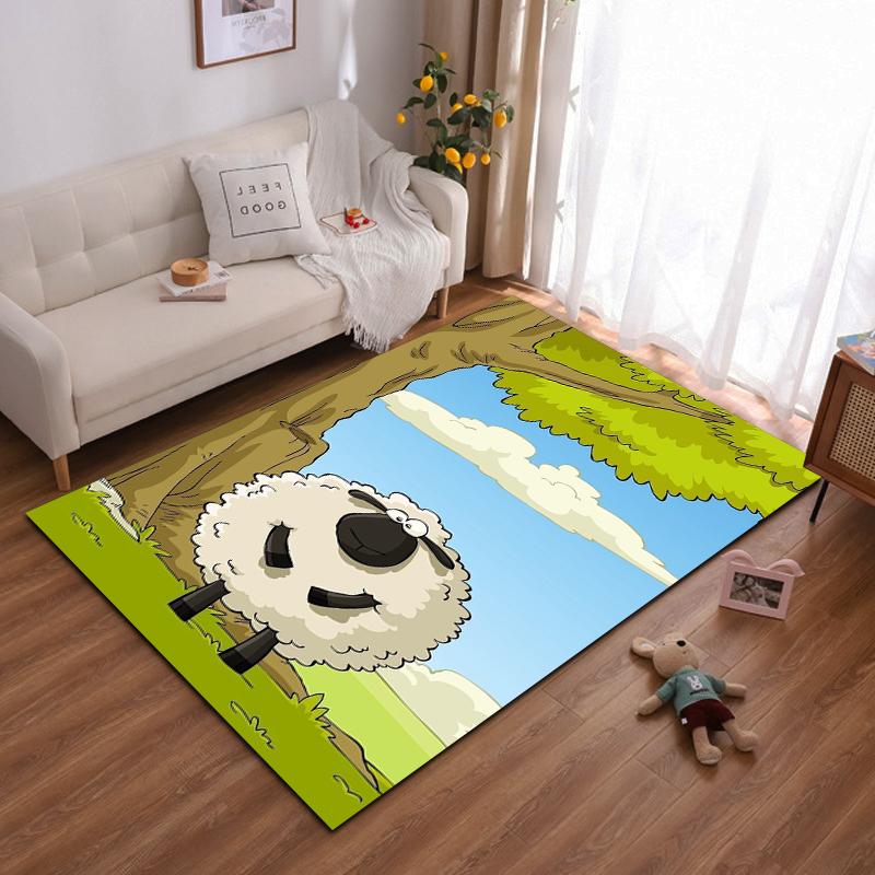 Cartoon Sheep Landscape Carpet for Kids Room, Green and Blue Decor Suitable for Use As an Anti-slip for Living Room Bedroom Sofas